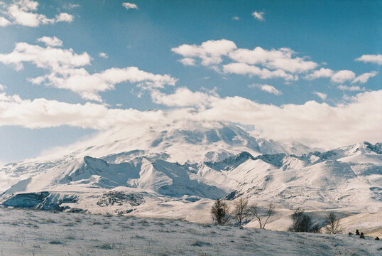 Snow-covered Mount Elbrus in the Caucasus Mountains
