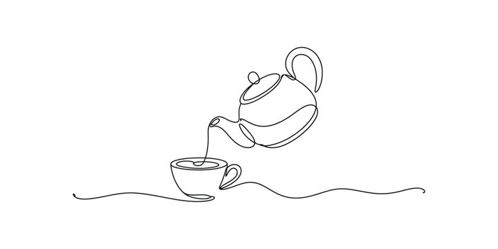 Continuous one line drawing of Teapot pouring tea into a cup, Single line art vector illustration.