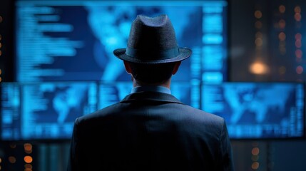 A figure in a suit and hat observes multiple screens displaying data and maps in a dimly lit environment, suggesting a high-tech or analytical setting.