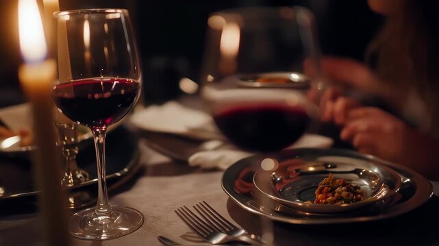 wine in a glass, dinner table set