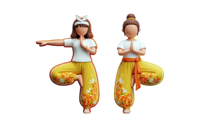 Two 3D figures performing yoga poses in floral pants
