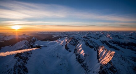 Majestic Aerial View of Snow-Capped Mountains at Sunrise with Golden Hues.