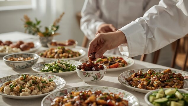 A person serving dates at a table with various dishes