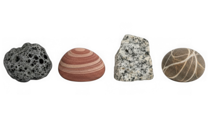 Diverse collection of four geological rocks and pebbles isolated on transparent background