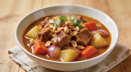 Pork Massaman Curry in Clean White Bowl