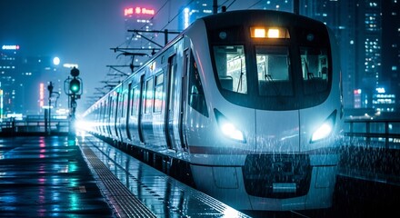 Modern Train Illuminated at Night in Urban Cityscape, Transportation Concept.