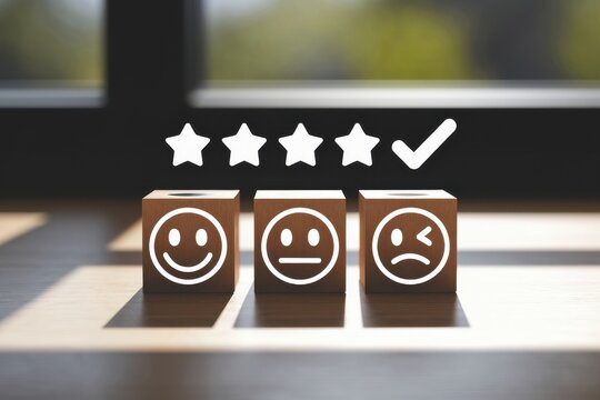 Three wooden cubes with emoticons and five white stars rating smiley face neutral face