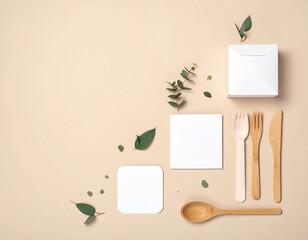 Eco-friendly food packaging and utensils, leaves adorn