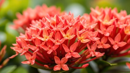 A vibrant cluster of red and orange Ixora flowers with green leaves in a natural outdoor setting.