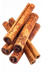 Close-up of several cinnamon sticks on a white backdrop