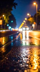 Night road with wet asphalt, car lights blurred