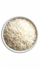 White rice grains fill a white bowl, top-down view