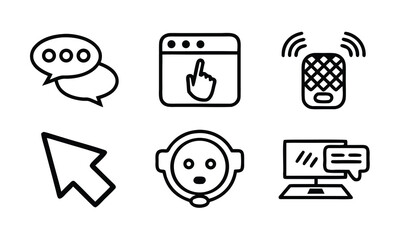 A set of black line icons representing various digital communication and technology concepts.
