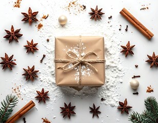 Holiday-themed gift with spice accents on white