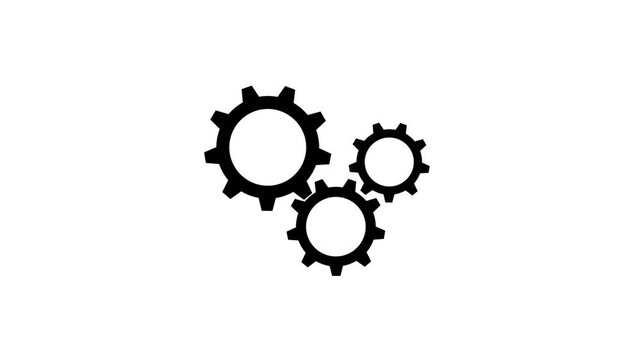 3 white gears spinning. Group of gears. Alpha channel. Gears rotating animation. cogwheel gear icon logotype rotating animation. 4k