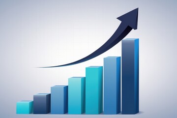 Blue 3 D bar graph with upward trending arrow and grid background teal dark blue