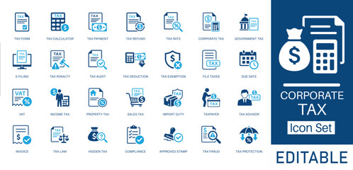 Corporate Tax and Financial Accounting solid icon set. Includes symbols for Tax Refund, E-filing, VAT, and Income Tax. Solid vector icons for tax policy, risk management, and audit services.
