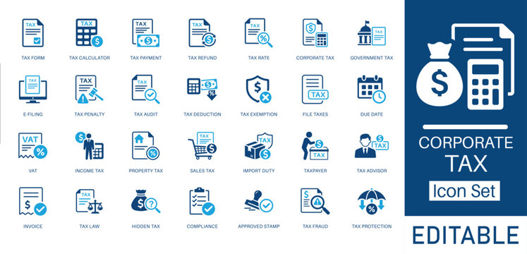 Corporate Tax and Financial Accounting solid icon set. Includes symbols for Tax Refund, E-filing, VAT, and Income Tax. Solid vector icons for tax policy, risk management, and audit services.