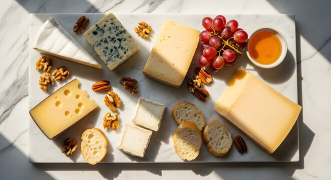 Gourmet cheese board with assorted cheeses grapes nuts honey and baguette slices on marble surface - Powered by Adobe