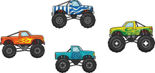 Cad drawing flat vector illustration, cartoon monster truck set, colorful flame design, kids vehicle clipart, off-road racing icons © Sohan Creatives