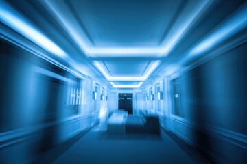 Fototapeta premium Blurry blue tinted hallway with ceiling lights and elevator doors interior blurred