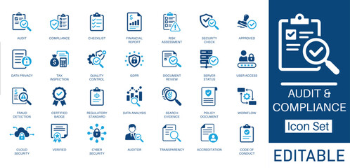 Audit and Compliance solid icon set. Includes symbols for GDPR, Cyber Security, Risk Management, and Data Privacy. Solid vector icons for financial audit and regulatory policy.