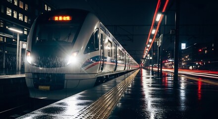 Nighttime Train Arrival at Illuminated Station Platform with Lights and Reflections.