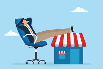 Vector illustration of a businessman sleeping in an office chair with his feet resting on a small shop symbolizing passive income business ownership financial freedom and stress free entrepreneurship