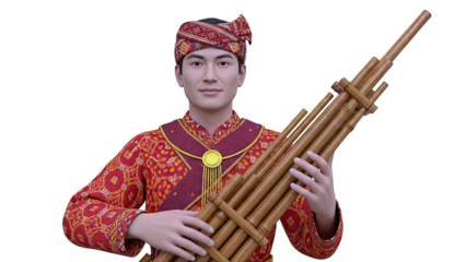 Man in traditional attire playing a bamboo mouth organ
