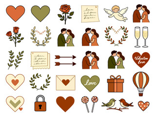 Valentine Love Sticker Set with Couple, Hearts, Gifts, and Romantic Icons. Perfect for Valentine&rsquo;s Day design, romantic greeting cards, social media posts, messaging stickers, invitations, branding.