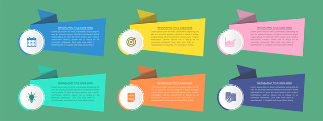 Business Infographic Template Vector EPS File. This set of six isolated, modern flat design elements is perfect for data visualization, marketing strategy, presentation, and step-by-step processes.