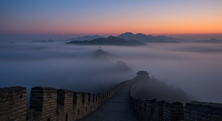 Ancient Stone Wall Snaking Through Misty Mountains at Vibrant Dawn