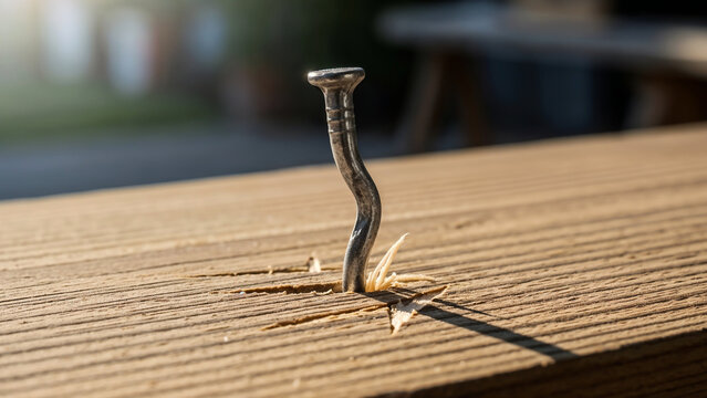 Bent nail in splintered wood symbolizing struggle