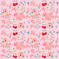 seamless pattern with bird, Seamless pattern animal and flower, happy valentines, cute tattoo, vector illustration of a bird with heart, Set of valentines day doodle sticker vector flat illustration. 