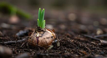 New Green Shoots Emerging from a Plant Bulb in Dark Garden Soil