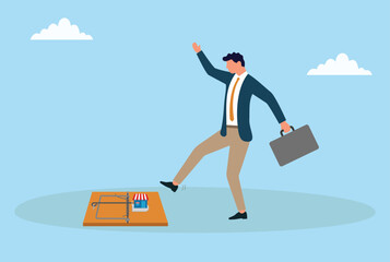 Vector illustration of a businessman stepping into a business trap with hidden risk symbolizing temptation poor judgment financial danger and risky decision making
