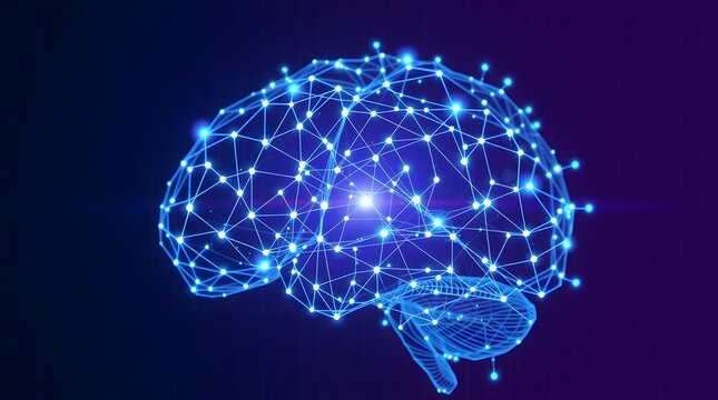 Glowing blue brain network with connections and nodes - Powered by Adobe