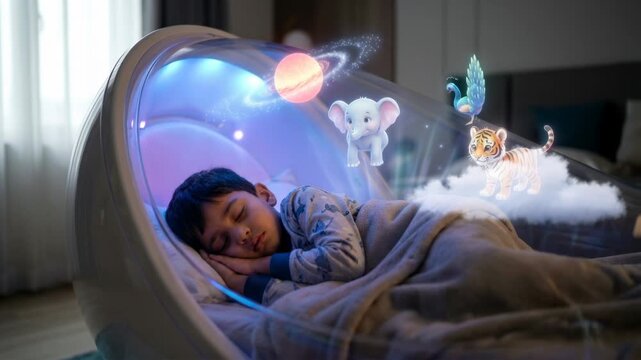 Explore a Child's Dream World With Playful Animals and Colorful Planets in a Creative Sleep Setting Filled With Imagination