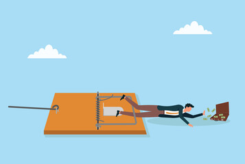 Vector illustration of a businessman trapped in a trap while reaching for money, symbolizing financial risk, greed, hidden danger, poor decisions, and business traps
