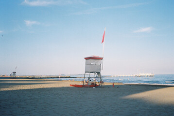 Lifeguard tower on empty beach in Venice
