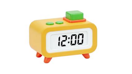 Yellow Digital Alarm Clock with Green Buttons and Orange Feet