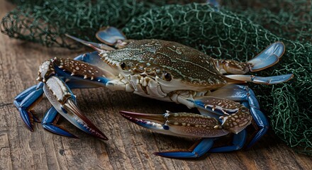 Fresh Blue Crab on Rustic Wood with Fishing Net for Seafood Display