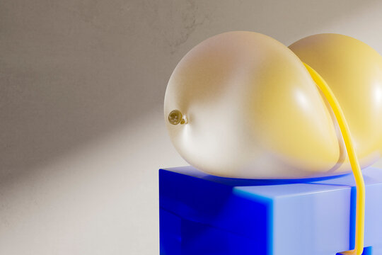 3D render of intersecting balloons compressed by yellow cord