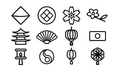 A collection of various Eastern-inspired symbols and icons on a white background