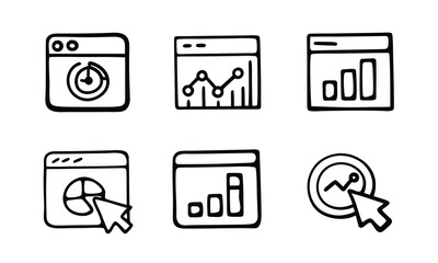A collection of black and white line icons representing various data analysis and statistics concepts