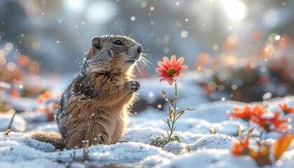 Groundhog Day Spring Concept with Groundhog and Flower Emerging from Snow