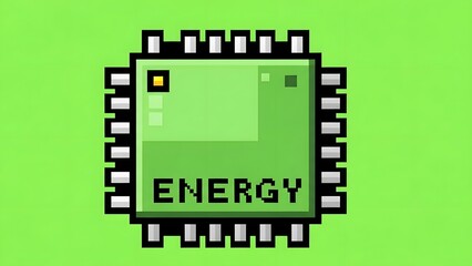 Pixel art microchip with energy label on green background.