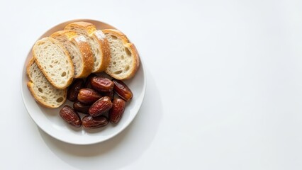 A quiet, minimalist Ramadan feast with dates and bread on white, expressing reflection, humility, and spiritual focus during fasting, ideal for religious, lifestyle, and editorial use
