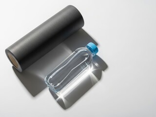 A calm, minimalist post-workout recovery scene with foam roller and water bottle on white, expressing balance, self-care, and sustainable fitness routines