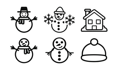 A set of cute winter icons featuring snowmen and a house in black and white